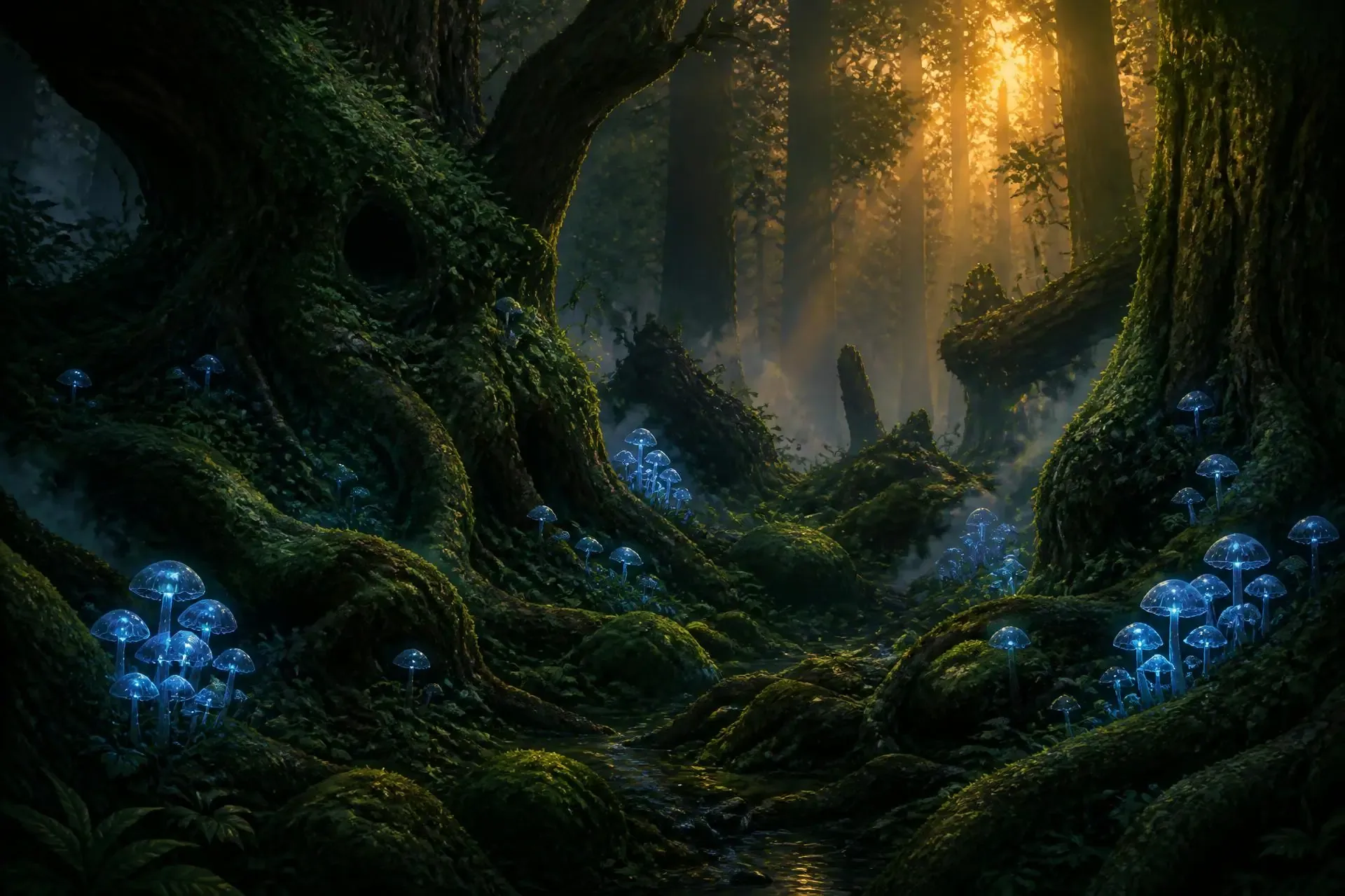 Ancient forest with bioluminescent mushrooms